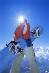 Man with Snowboard Package: Board, Bindings and Boots